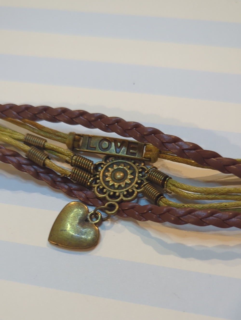 Brown Love Mandala Heart Braided Adjustable Bracelet Boho Stacking Stackable
